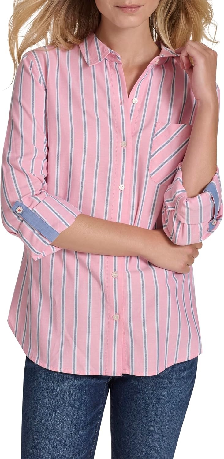 image:imageNautica Womens Button Front Long Sleeve Roll Tab ShirtConfetti Multi