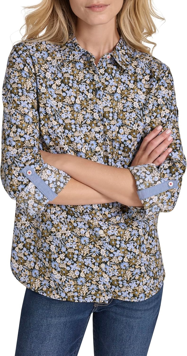 image:imageNautica Womens Button Front Long Sleeve Roll Tab ShirtDeep French Blue Multi