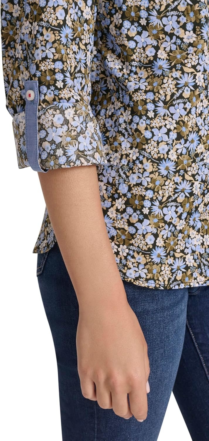 image:imageNautica Womens Button Front Long Sleeve Roll Tab ShirtDeep French Blue Multi