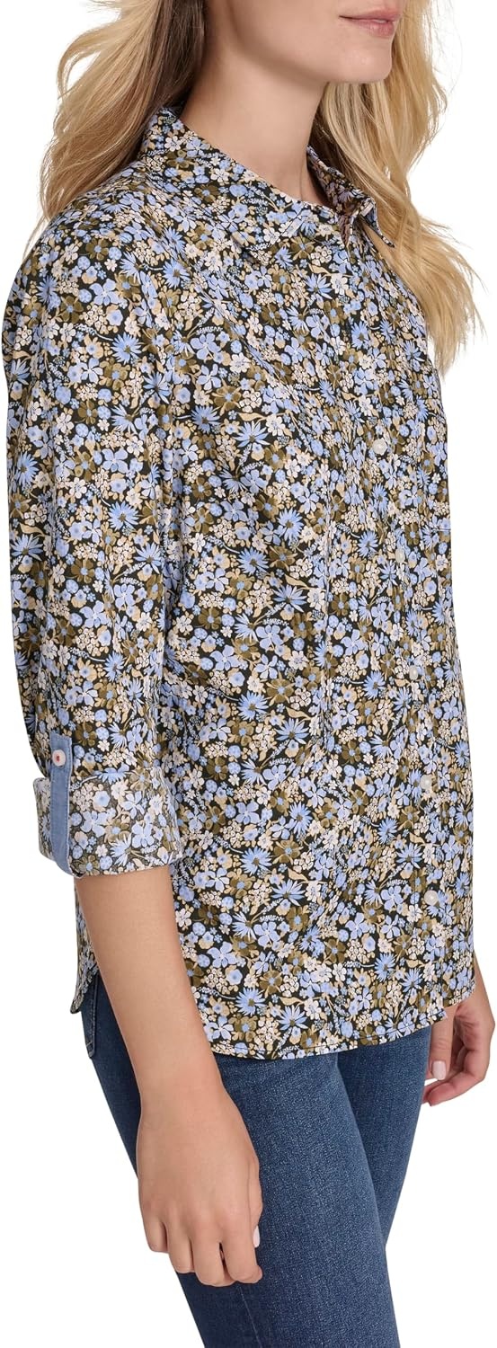 image:imageNautica Womens Button Front Long Sleeve Roll Tab ShirtDeep French Blue Multi