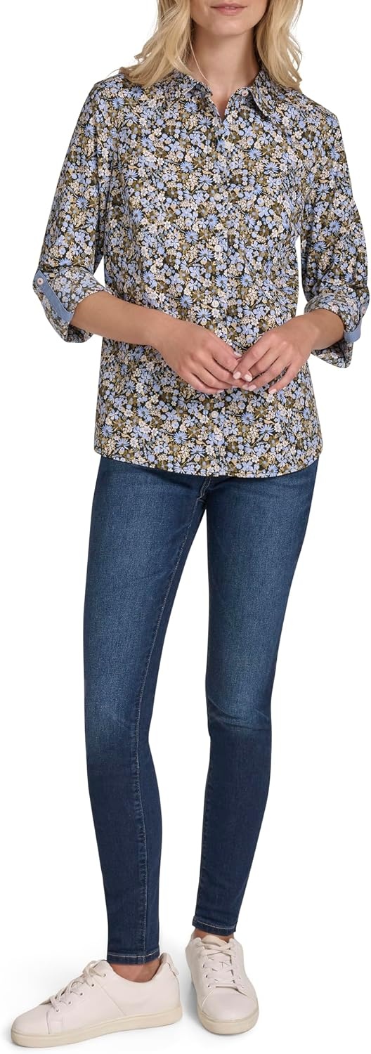 image:imageNautica Womens Button Front Long Sleeve Roll Tab ShirtDeep French Blue Multi
