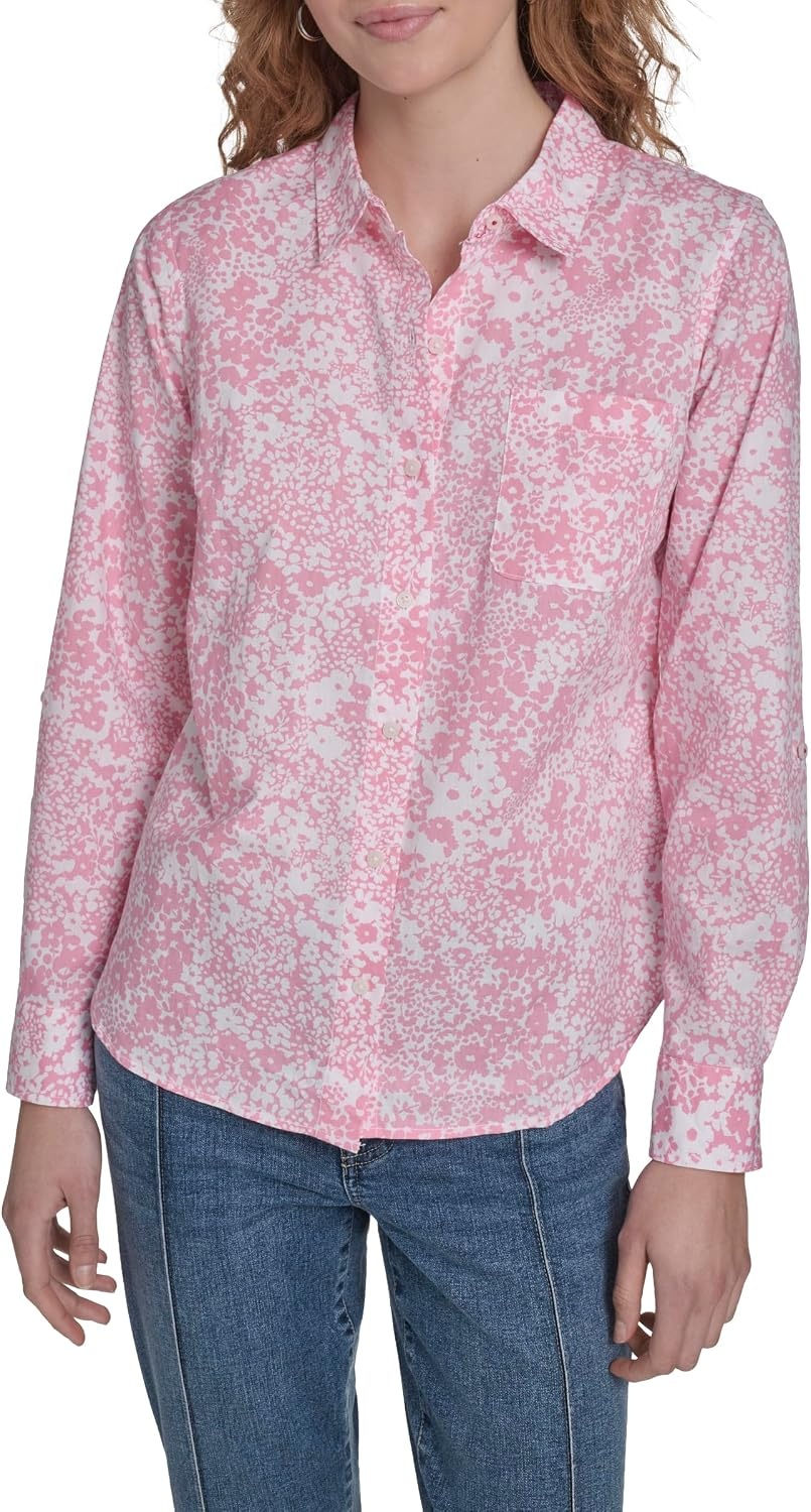 image:imageNautica Womens Button Front Long Sleeve Roll Tab ShirtEnglish Rose Multi