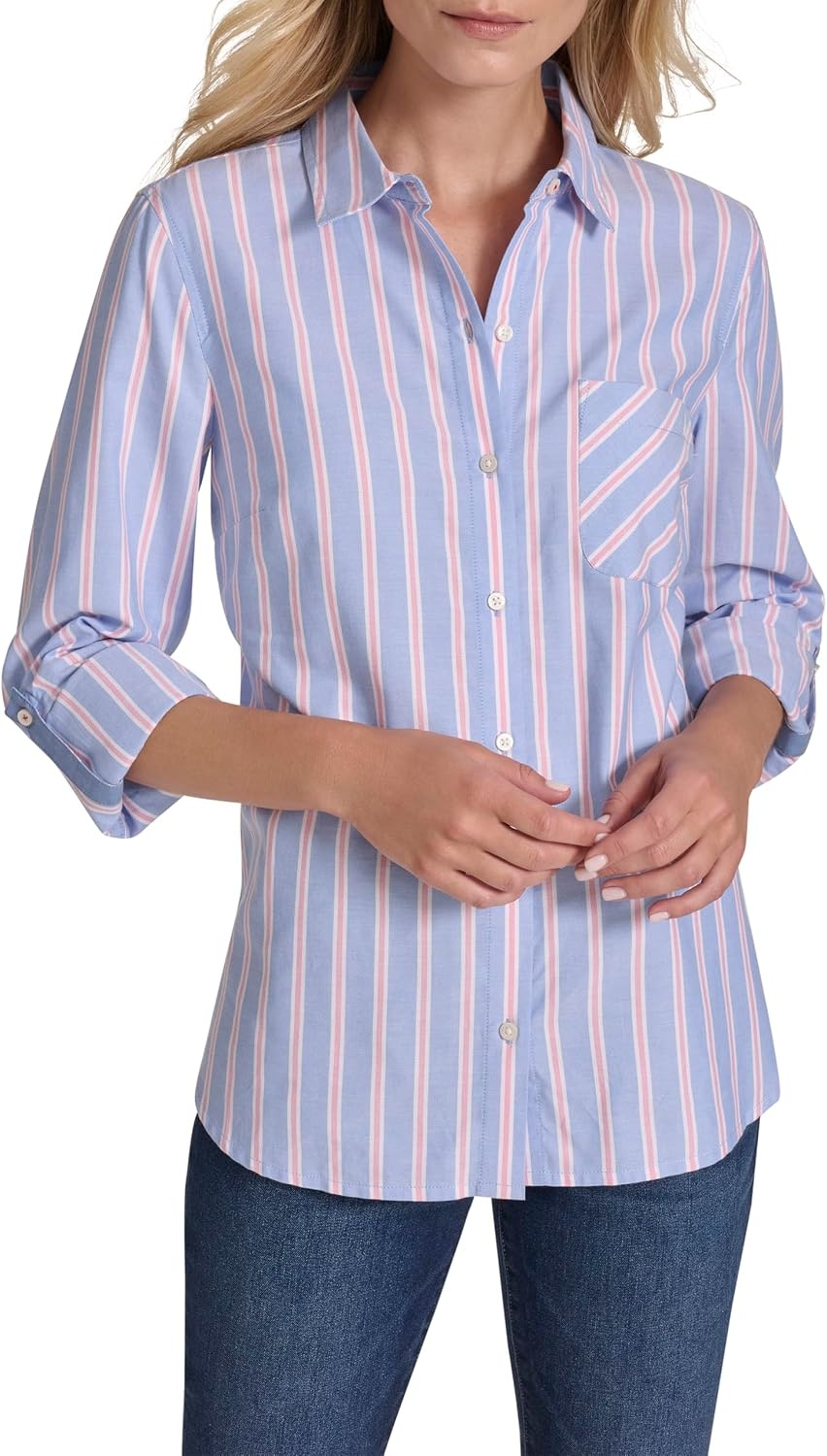 image:imageNautica Womens Button Front Long Sleeve Roll Tab ShirtFrench Blue Multi