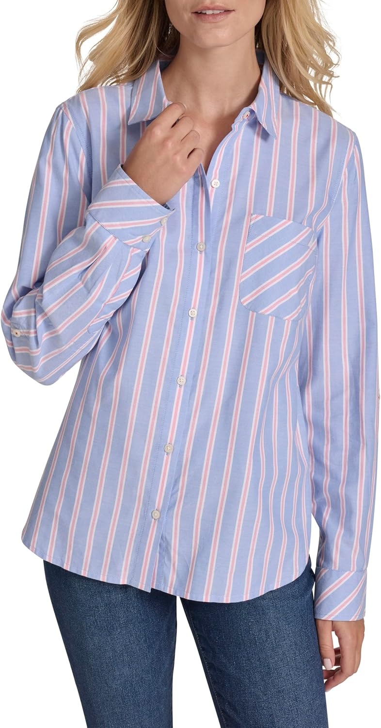 image:imageNautica Womens Button Front Long Sleeve Roll Tab ShirtFrench Blue Multi