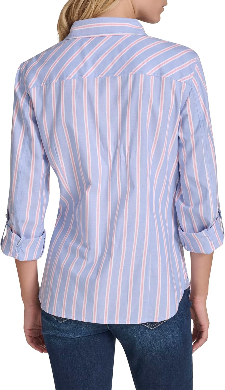 image:imageNautica Womens Button Front Long Sleeve Roll Tab ShirtFrench Blue Multi