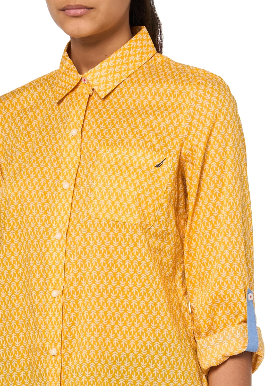 image:imageNautica Womens Button Front Long Sleeve Roll Tab ShirtGolden Glow Multi