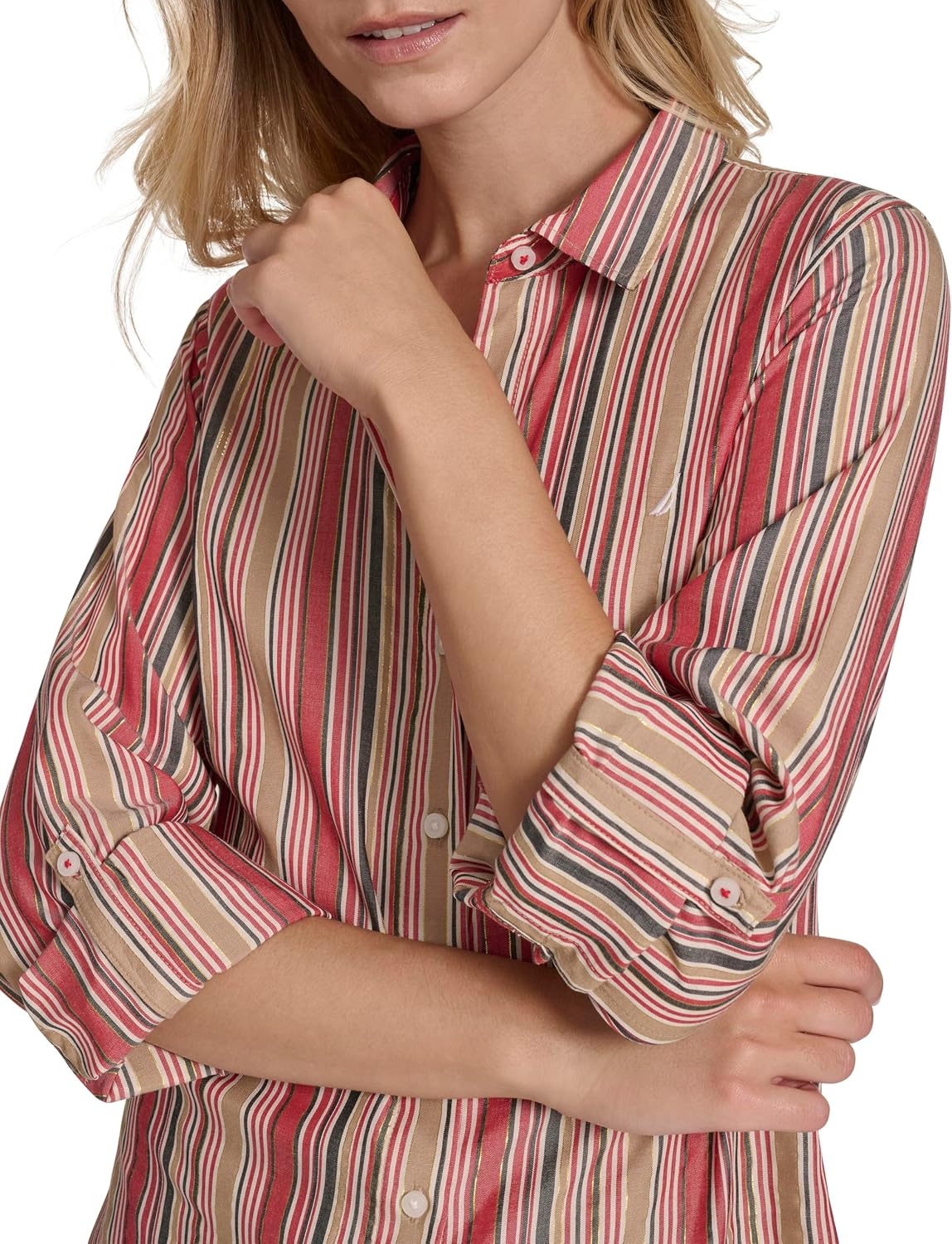image:imageNautica Womens Button Front Long Sleeve Roll Tab ShirtHaute Red Multi