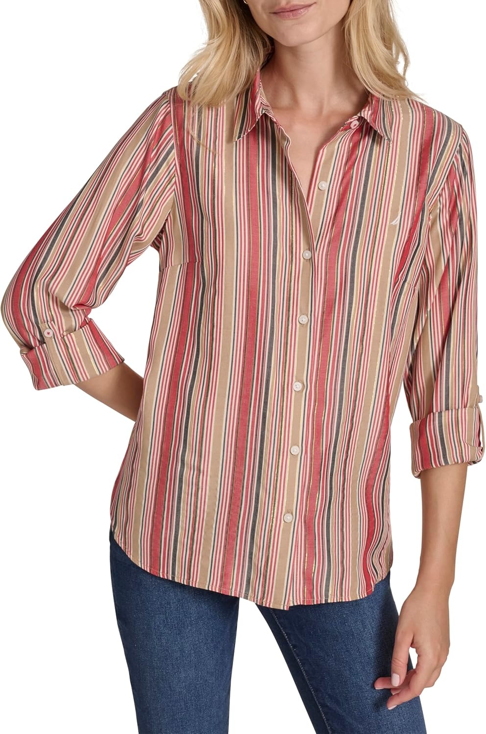 image:imageNautica Womens Button Front Long Sleeve Roll Tab ShirtHaute Red Multi