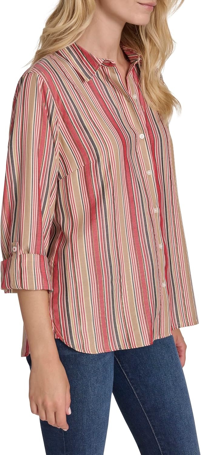 image:imageNautica Womens Button Front Long Sleeve Roll Tab ShirtHaute Red Multi