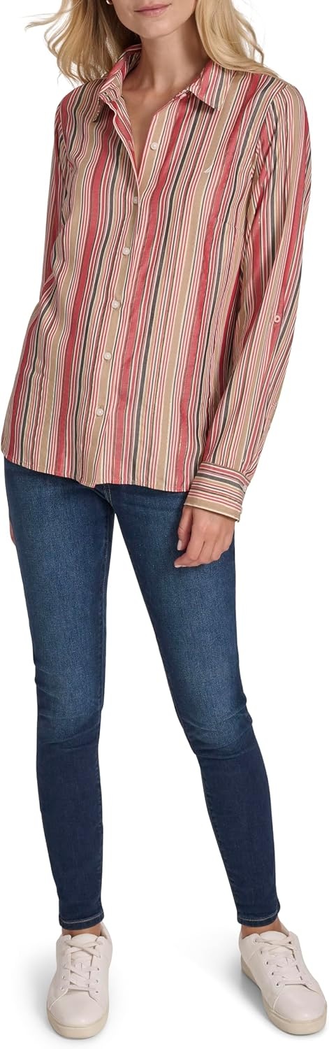 image:imageNautica Womens Button Front Long Sleeve Roll Tab ShirtHaute Red Multi