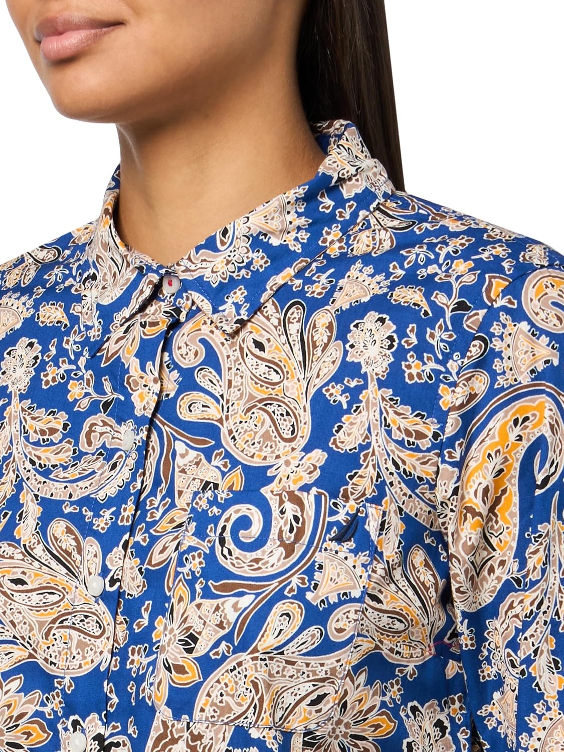image:imageNautica Womens Button Front Long Sleeve Roll Tab ShirtMarina Blue Multi