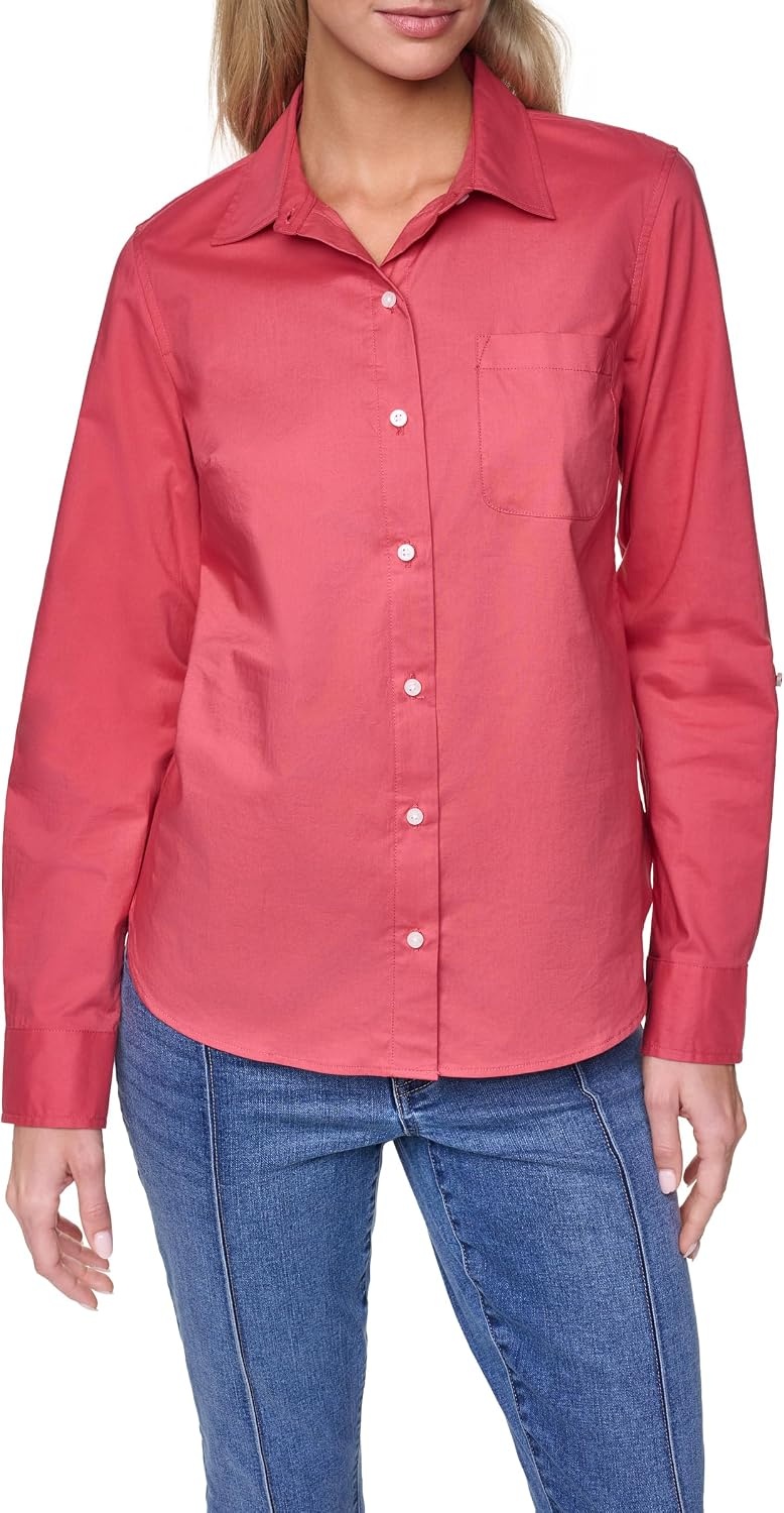 image:imageNautica Womens Button Front Long Sleeve Roll Tab ShirtMineral Red