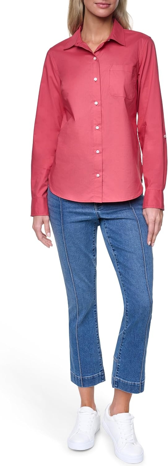 image:imageNautica Womens Button Front Long Sleeve Roll Tab ShirtMineral Red