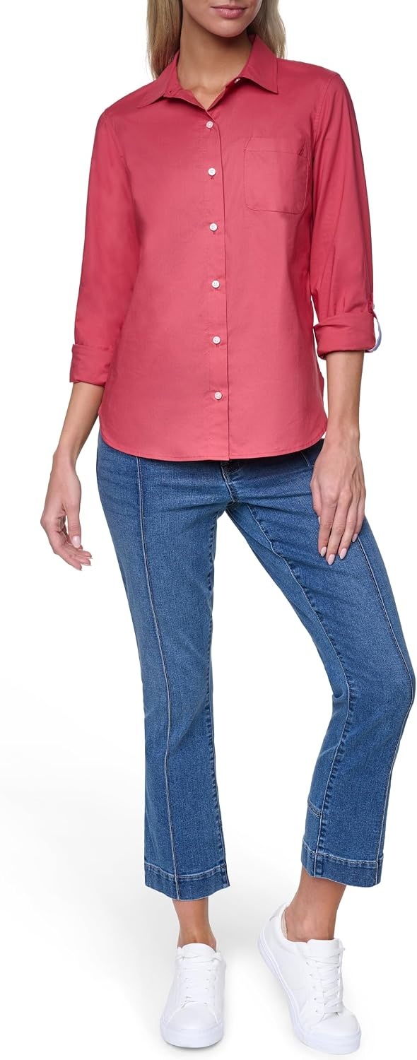 image:imageNautica Womens Button Front Long Sleeve Roll Tab ShirtMineral Red