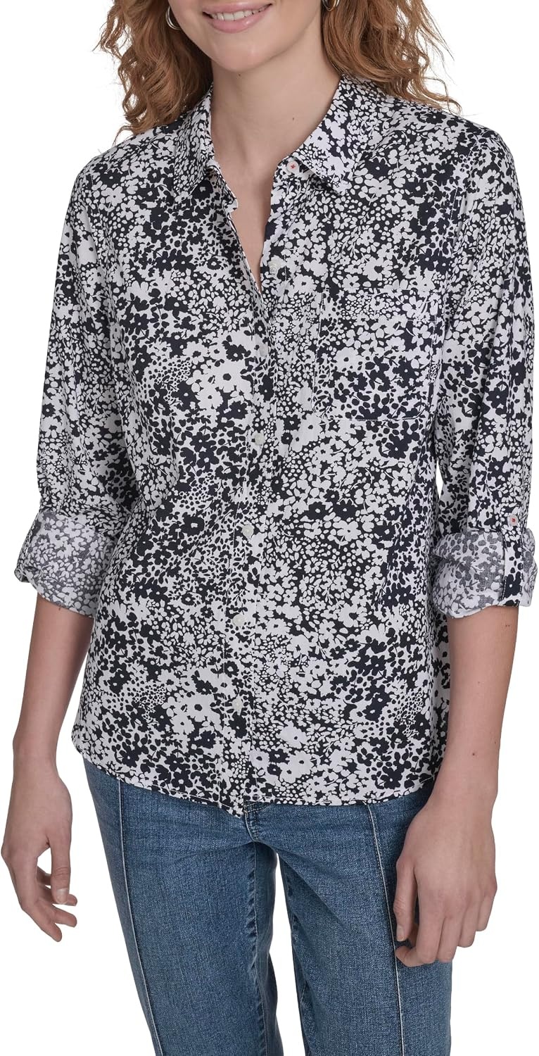 image:imageNautica Womens Button Front Long Sleeve Roll Tab ShirtNight Sky Bright White