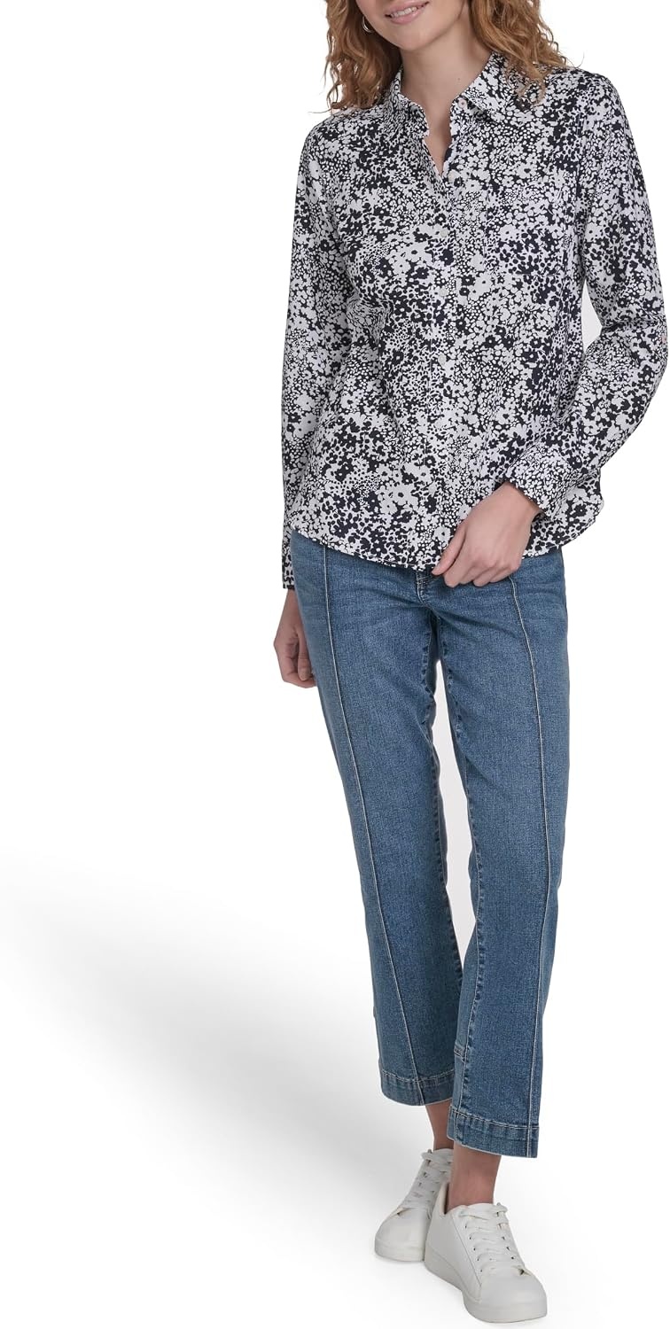 image:imageNautica Womens Button Front Long Sleeve Roll Tab ShirtNight Sky Bright White