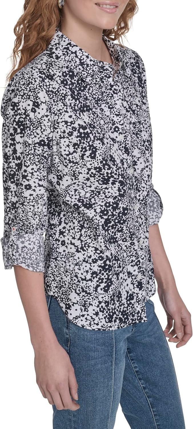 image:imageNautica Womens Button Front Long Sleeve Roll Tab ShirtNight Sky Bright White