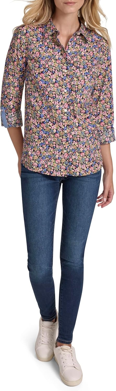 image:imageNautica Womens Button Front Long Sleeve Roll Tab ShirtSolid Confetti