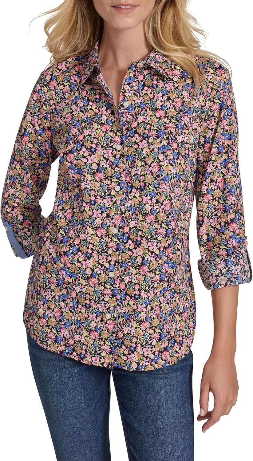 image:imageNautica Womens Button Front Long Sleeve Roll Tab ShirtSolid Confetti