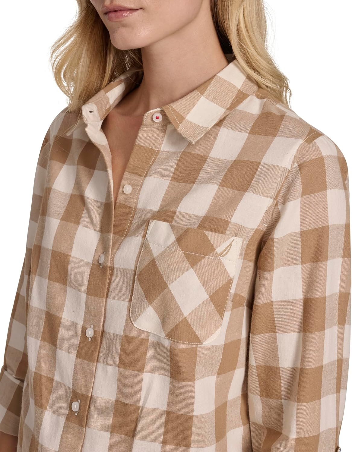 image:imageNautica Womens Button Front Long Sleeve Roll Tab ShirtTigers EyeWhite Swan