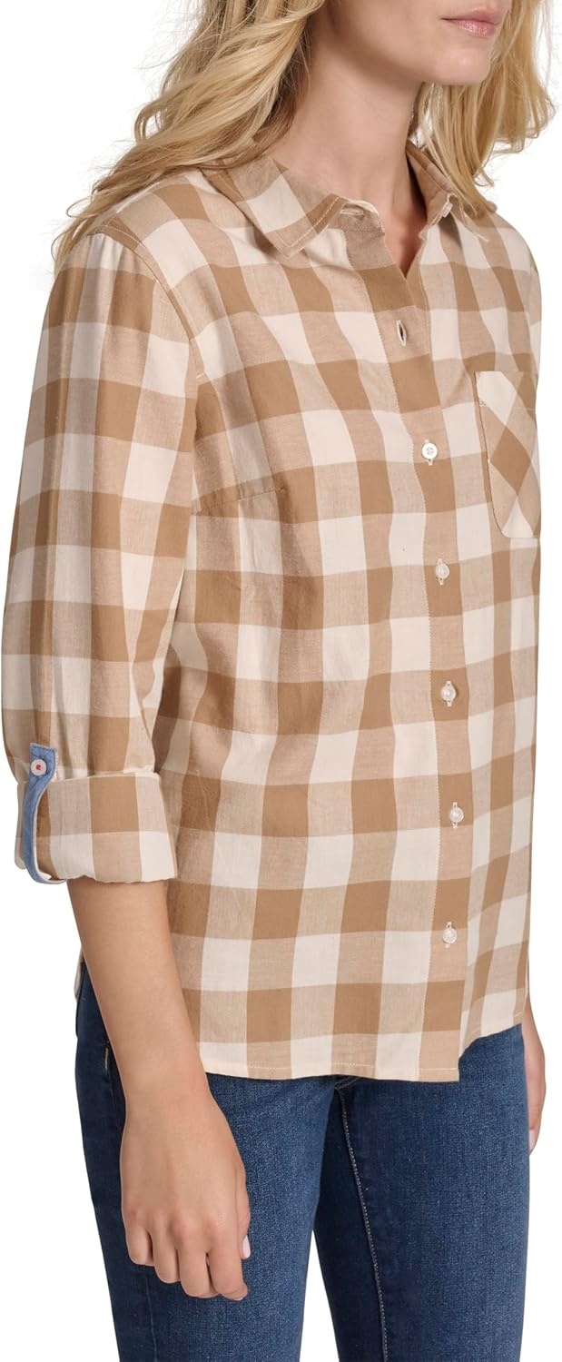 image:imageNautica Womens Button Front Long Sleeve Roll Tab ShirtTigers EyeWhite Swan