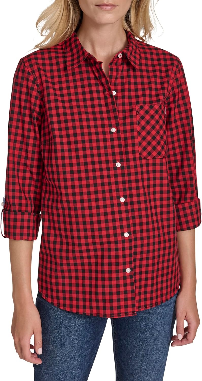 image:imageNautica Womens Button Front Long Sleeve Roll Tab ShirtTigers EyeWhite Swan