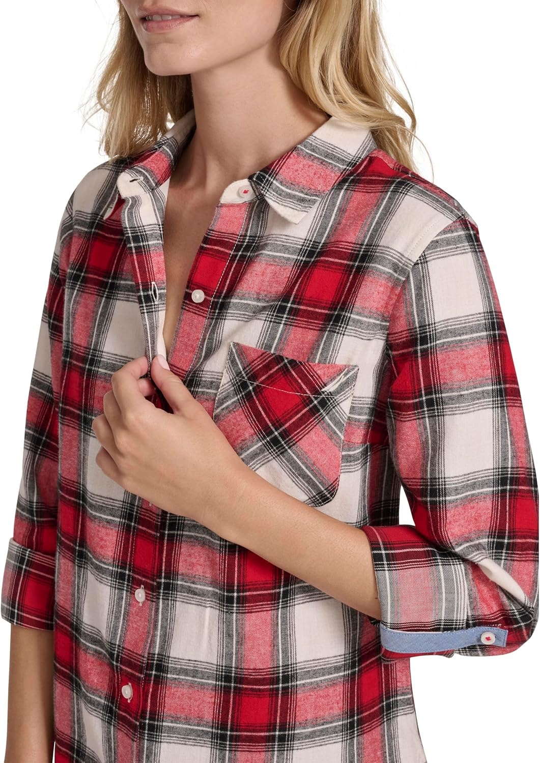 image:imageNautica Womens Button Front Long Sleeve Roll Tab ShirtWhite SwanHaute Red