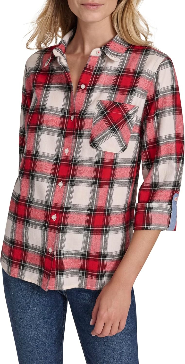 image:imageNautica Womens Button Front Long Sleeve Roll Tab ShirtWhite SwanHaute Red