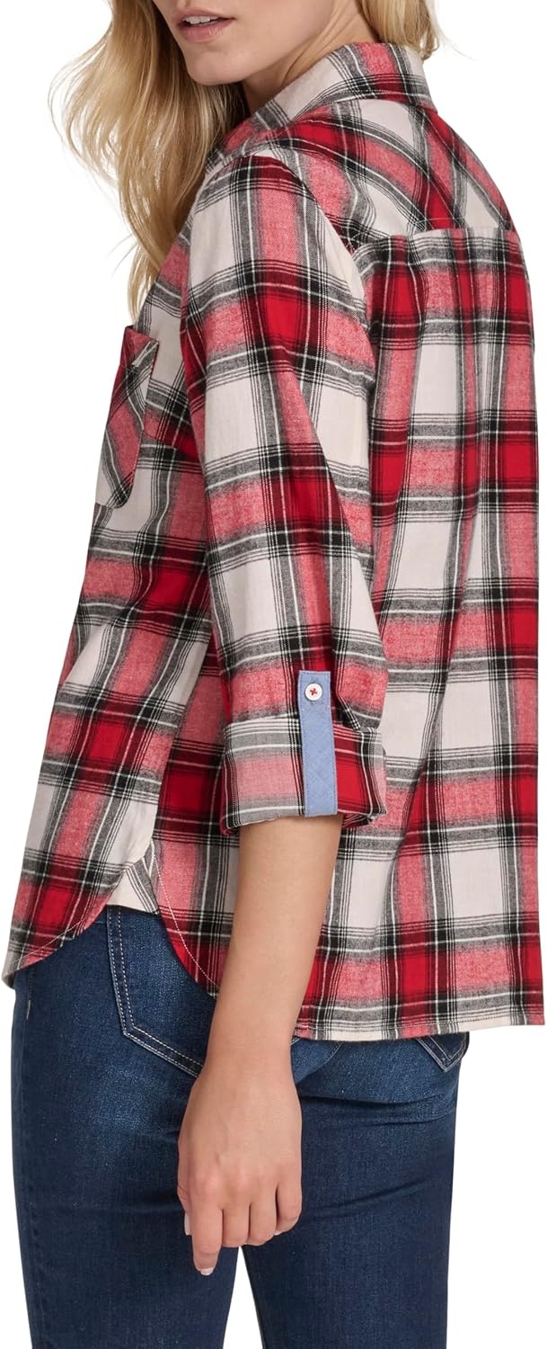 image:imageNautica Womens Button Front Long Sleeve Roll Tab ShirtWhite SwanHaute Red