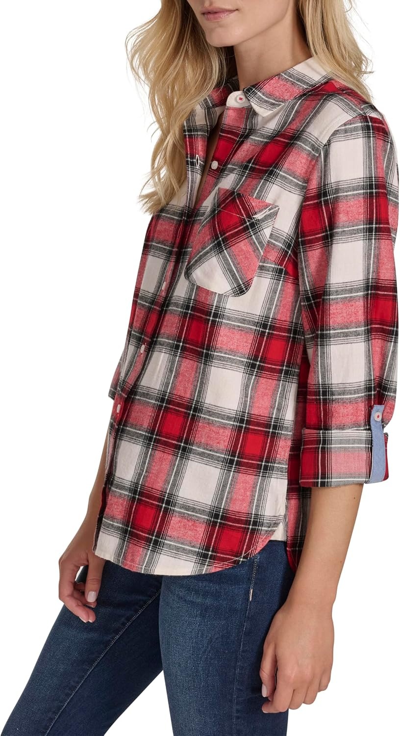 image:imageNautica Womens Button Front Long Sleeve Roll Tab ShirtWhite SwanHaute Red