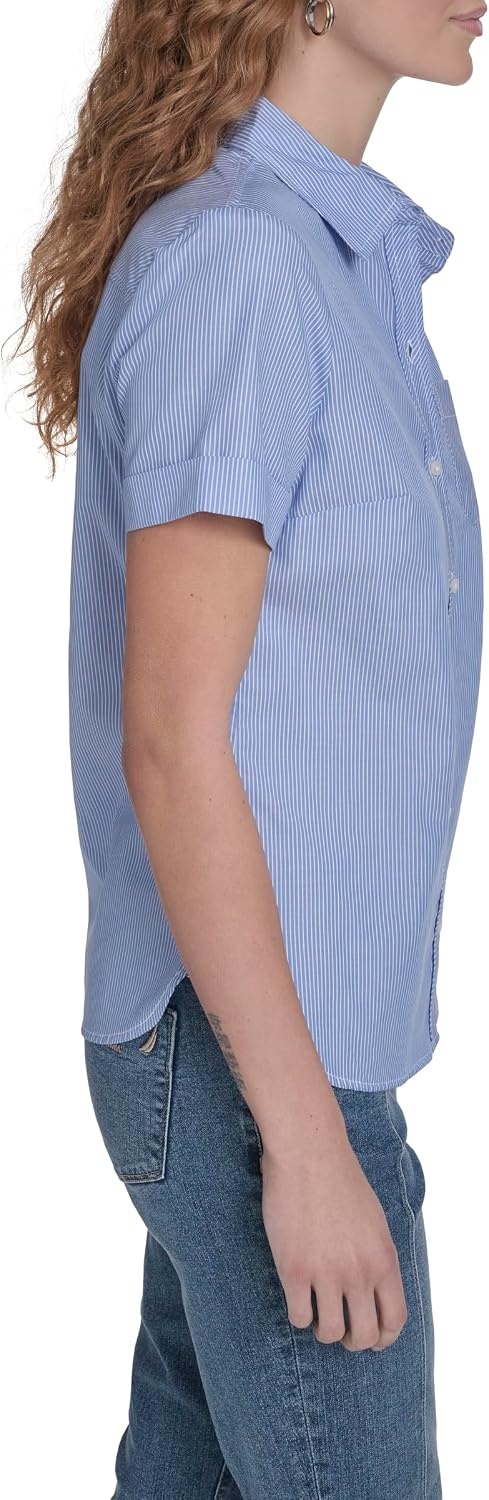 image:imageNautica Womens Button Front Short Sleeve Camp ShirtBlueWhite