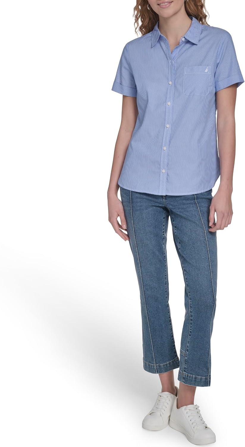 image:imageNautica Womens Button Front Short Sleeve Camp ShirtBlueWhite