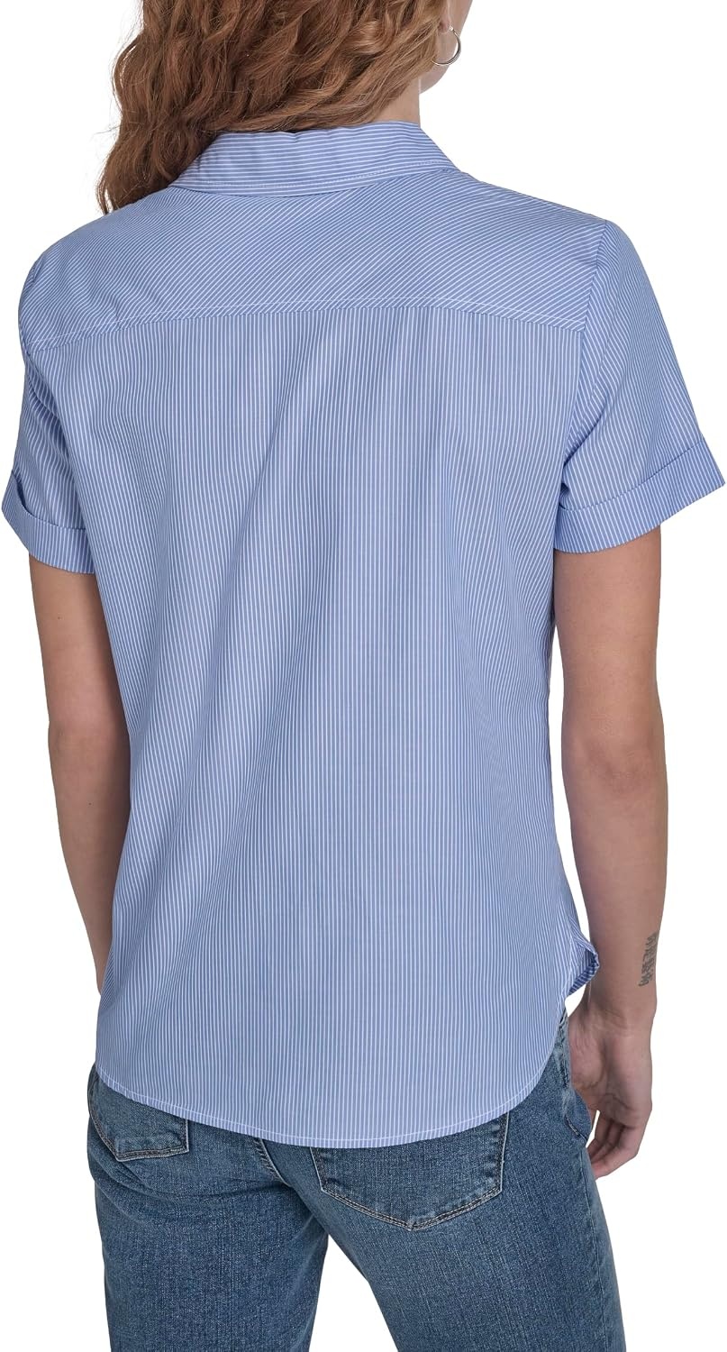 image:imageNautica Womens Button Front Short Sleeve Camp ShirtBlueWhite