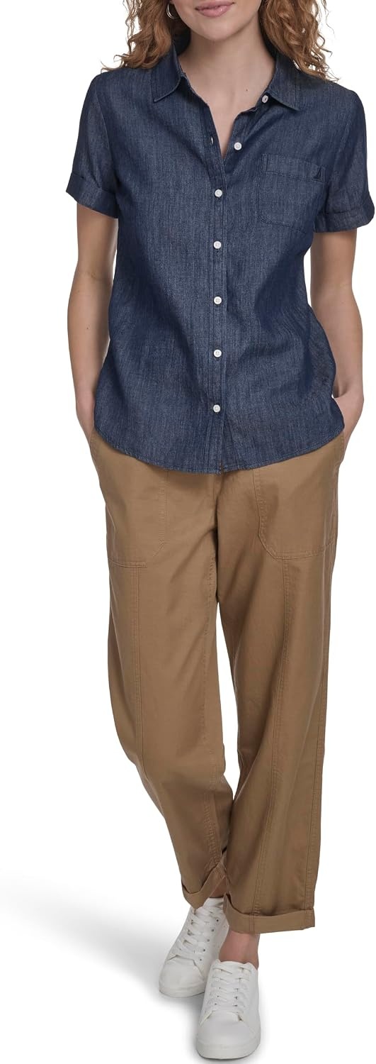 image:imageNautica Womens Button Front Short Sleeve Camp ShirtDark Azure