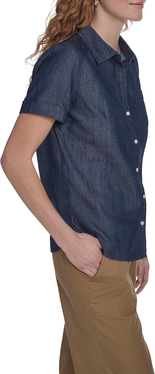 image:imageNautica Womens Button Front Short Sleeve Camp ShirtDark Azure
