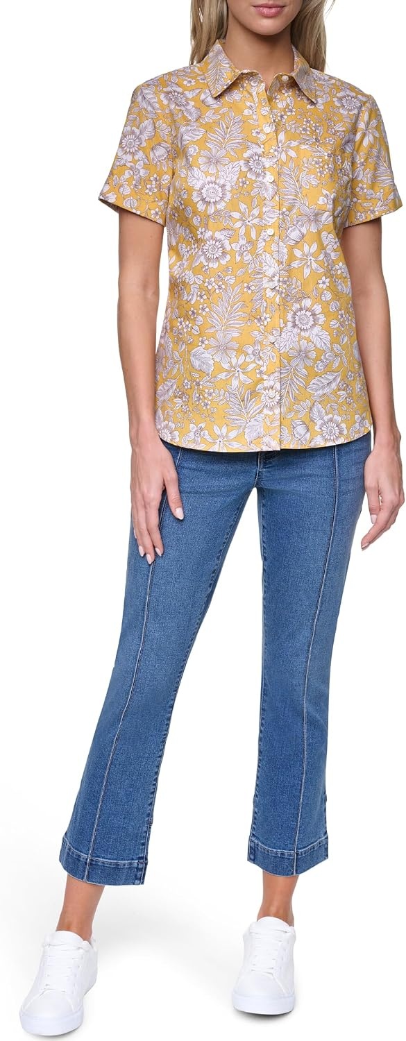 image:imageNautica Womens Button Front Short Sleeve Camp ShirtDeep Maize Multi