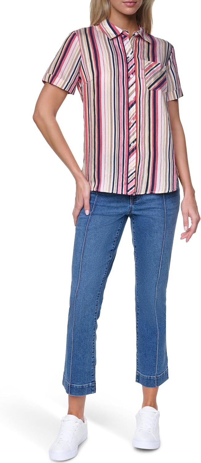 image:imageNautica Womens Button Front Short Sleeve Camp ShirtMineral Red Multi