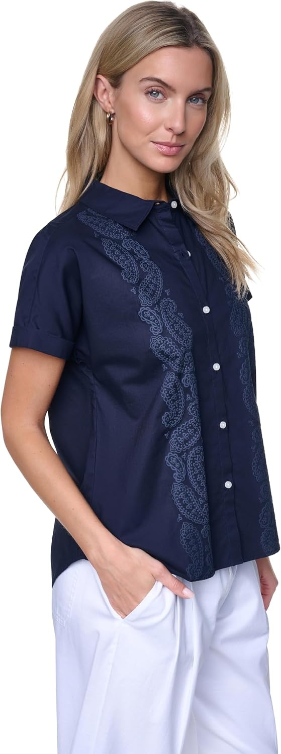 image:imageNautica Womens Button Front Short Sleeve Camp ShirtNight Sky
