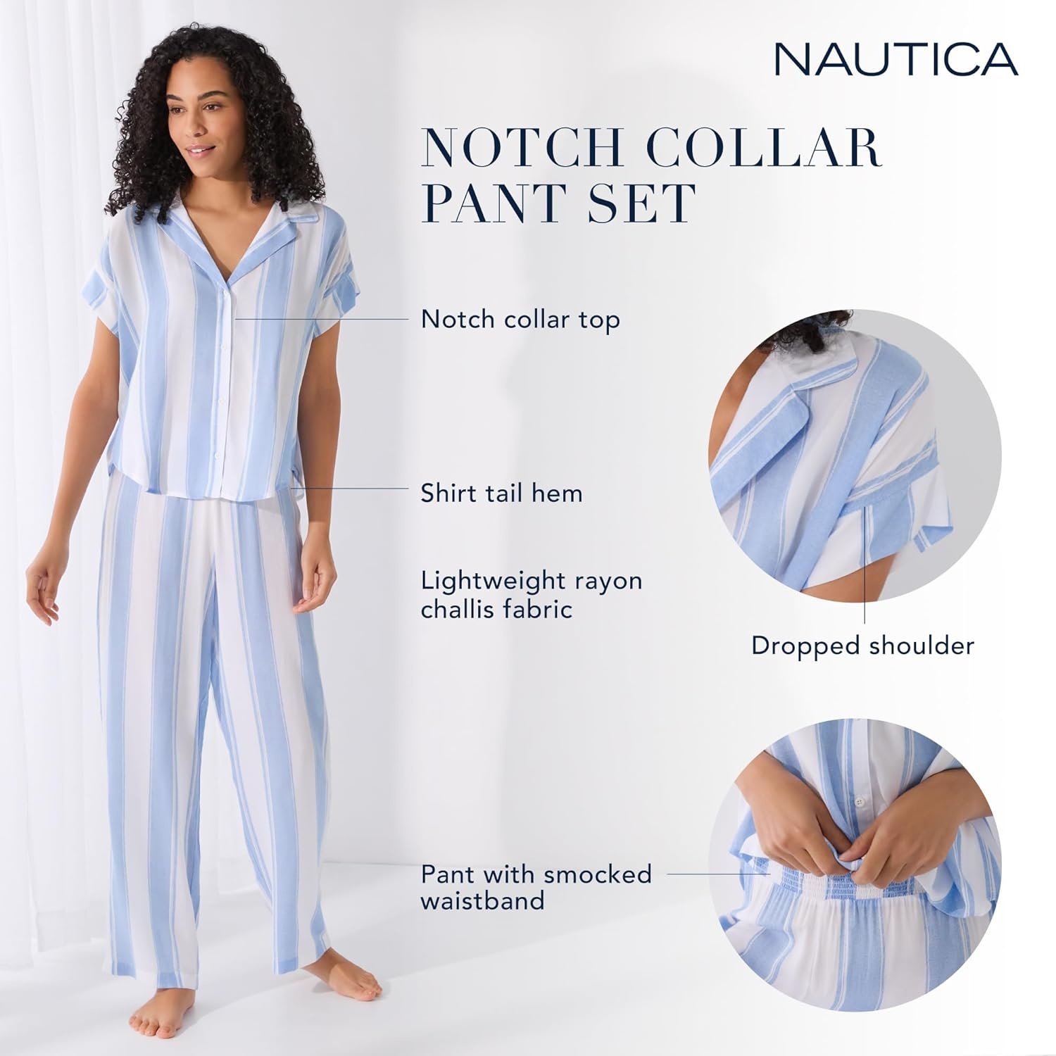 image:imageNautica Womens Button Up Pajama Set 2Piece Summer Lightweight PJ Set Top and Pants Lounge and Sleep Sets for WomenBlue Stripe