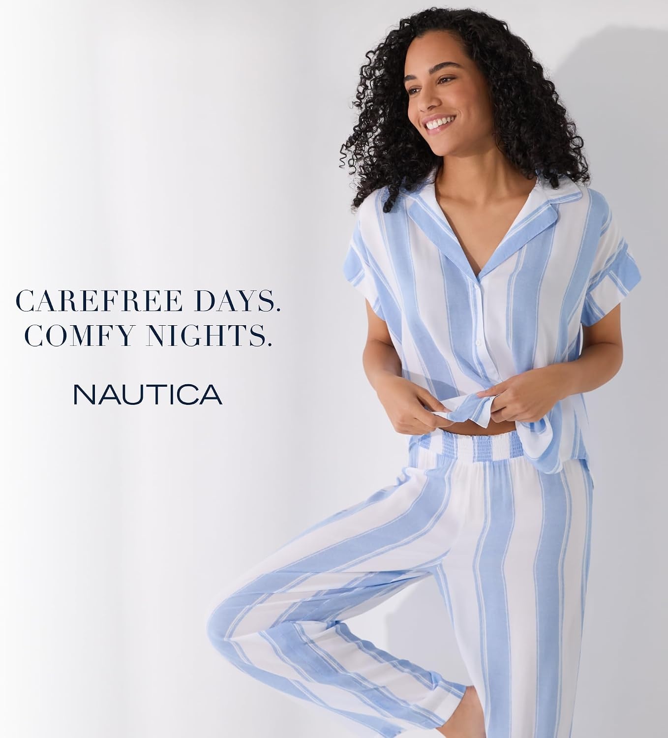 image:imageNautica Womens Button Up Pajama Set 2Piece Summer Lightweight PJ Set Top and Pants Lounge and Sleep Sets for WomenBlue Stripe