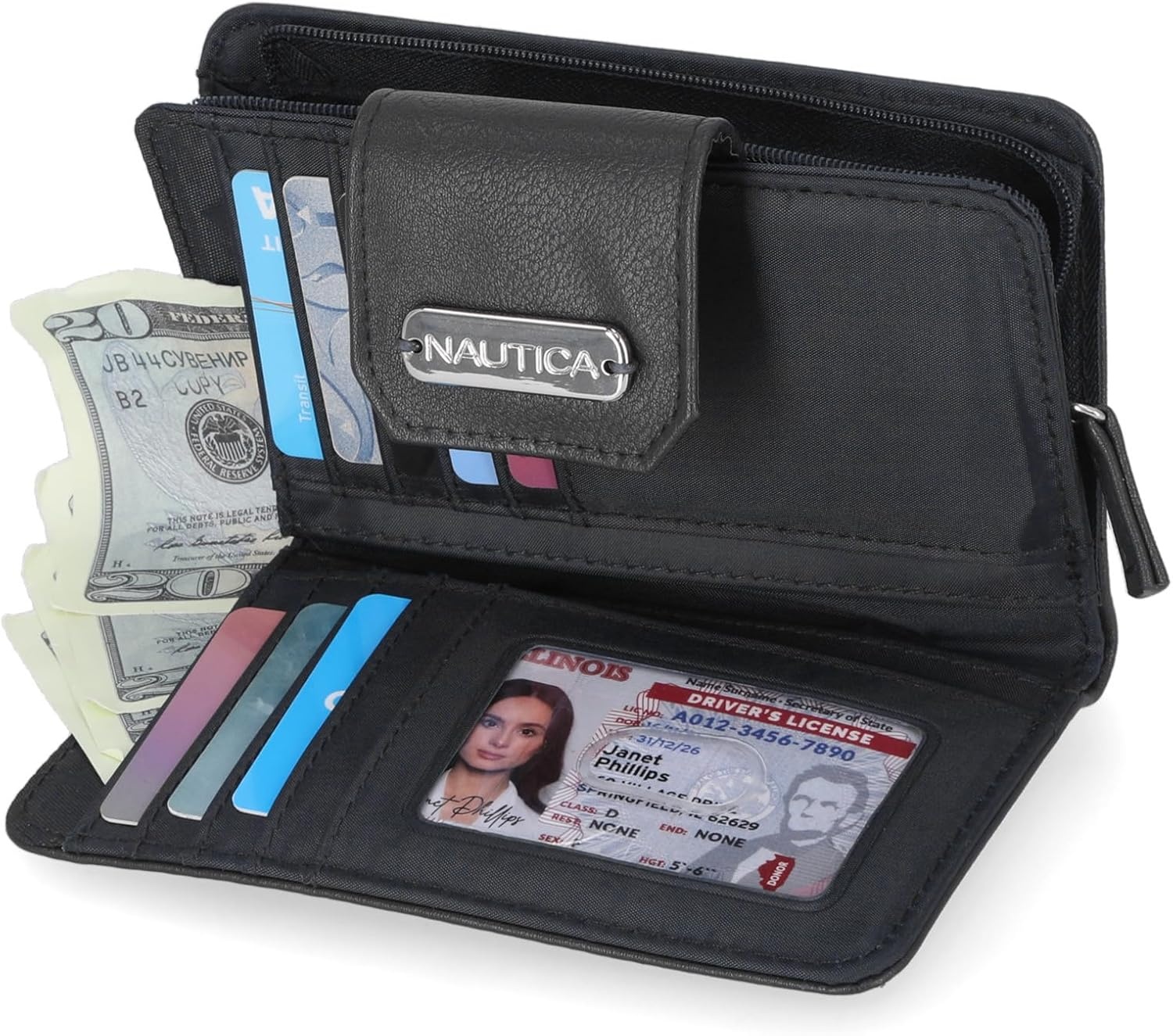 image:imageNautica Womens Close Reach Vegan Leather RFID Wallet Small Credit Card Holder Purse with Zipper Coin Pocket and ID Window in BlackBlack
