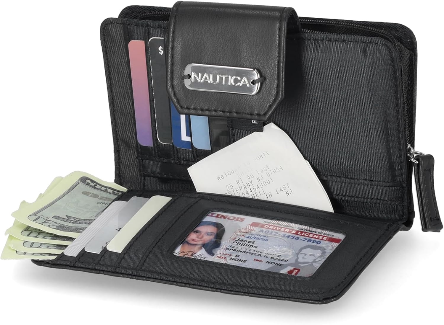 image:imageNautica Womens Close Reach Vegan Leather RFID Wallet Small Credit Card Holder Purse with Zipper Coin Pocket and ID Window in BlackBlack Embossed