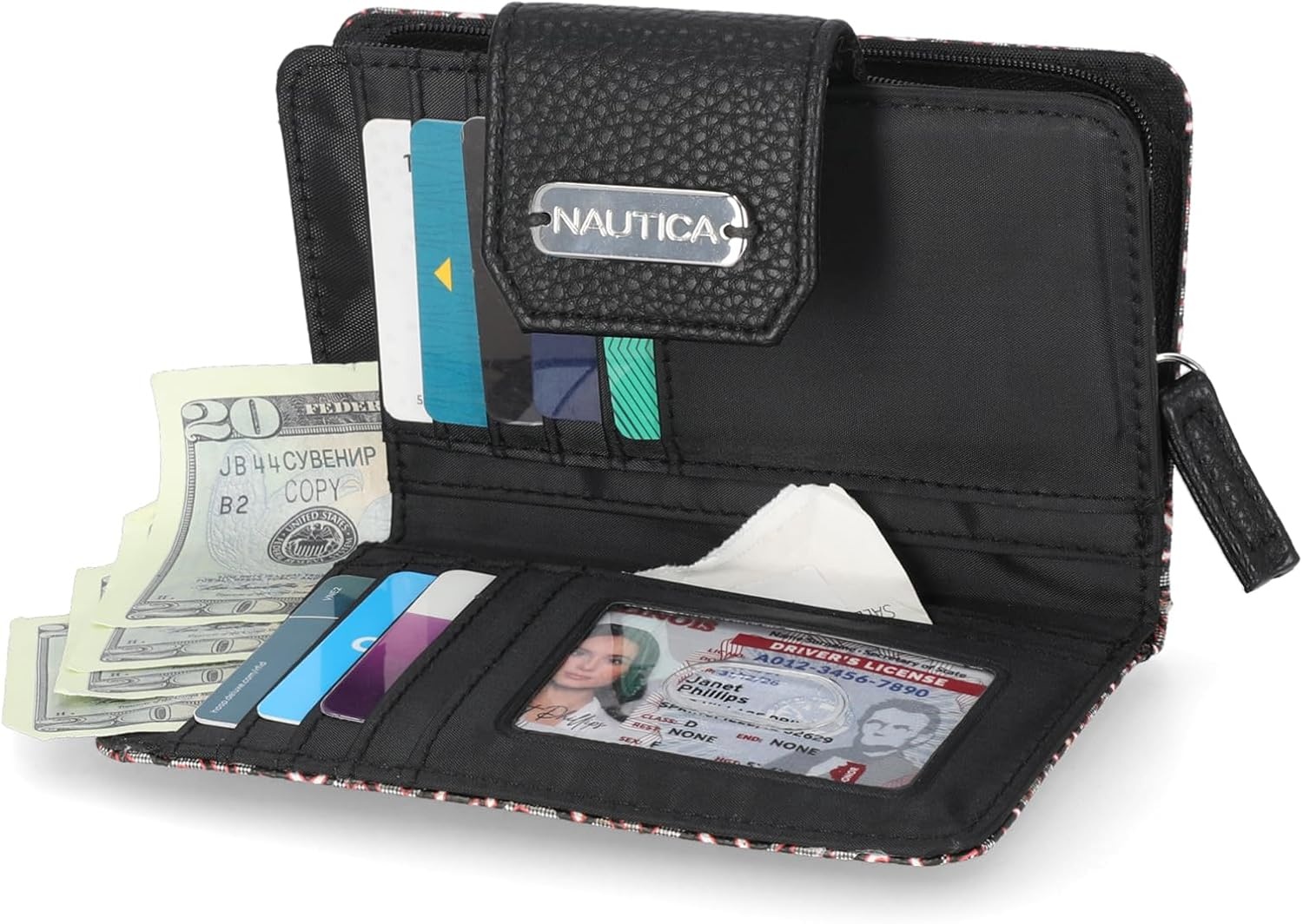 image:imageNautica Womens Close Reach Vegan Leather RFID Wallet Small Credit Card Holder Purse with Zipper Coin Pocket and ID Window in BlackBlack Jacquard