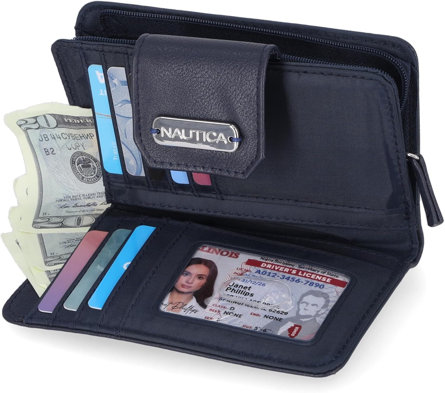 image:imageNautica Womens Close Reach Vegan Leather RFID Wallet Small Credit Card Holder Purse with Zipper Coin Pocket and ID Window in BlackIndigo