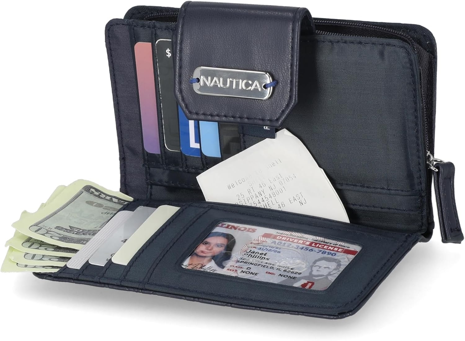 image:imageNautica Womens Close Reach Vegan Leather RFID Wallet Small Credit Card Holder Purse with Zipper Coin Pocket and ID Window in BlackIndigo Embossed