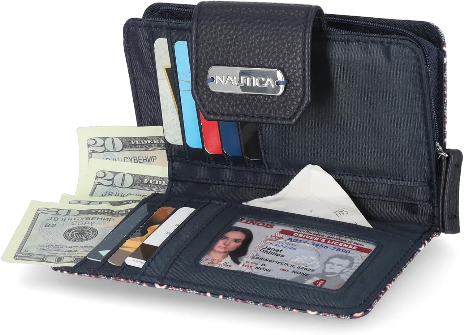 image:imageNautica Womens Close Reach Vegan Leather RFID Wallet Small Credit Card Holder Purse with Zipper Coin Pocket and ID Window in BlackIndigo Jacquard