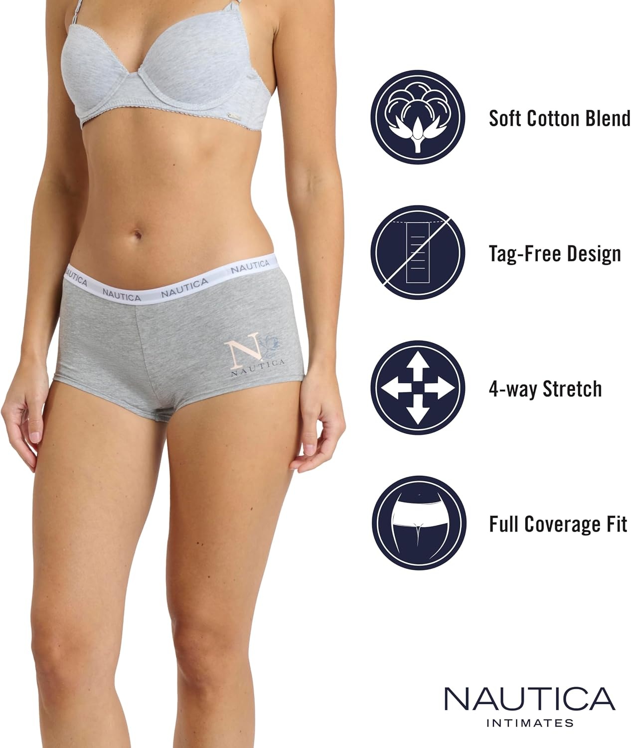 image:imageNautica Womens Cotton Boyshort Underwear Set 5PackMd Heather GreyNocturnal NavyPeach WhipEndless DuskNt Floral Logo