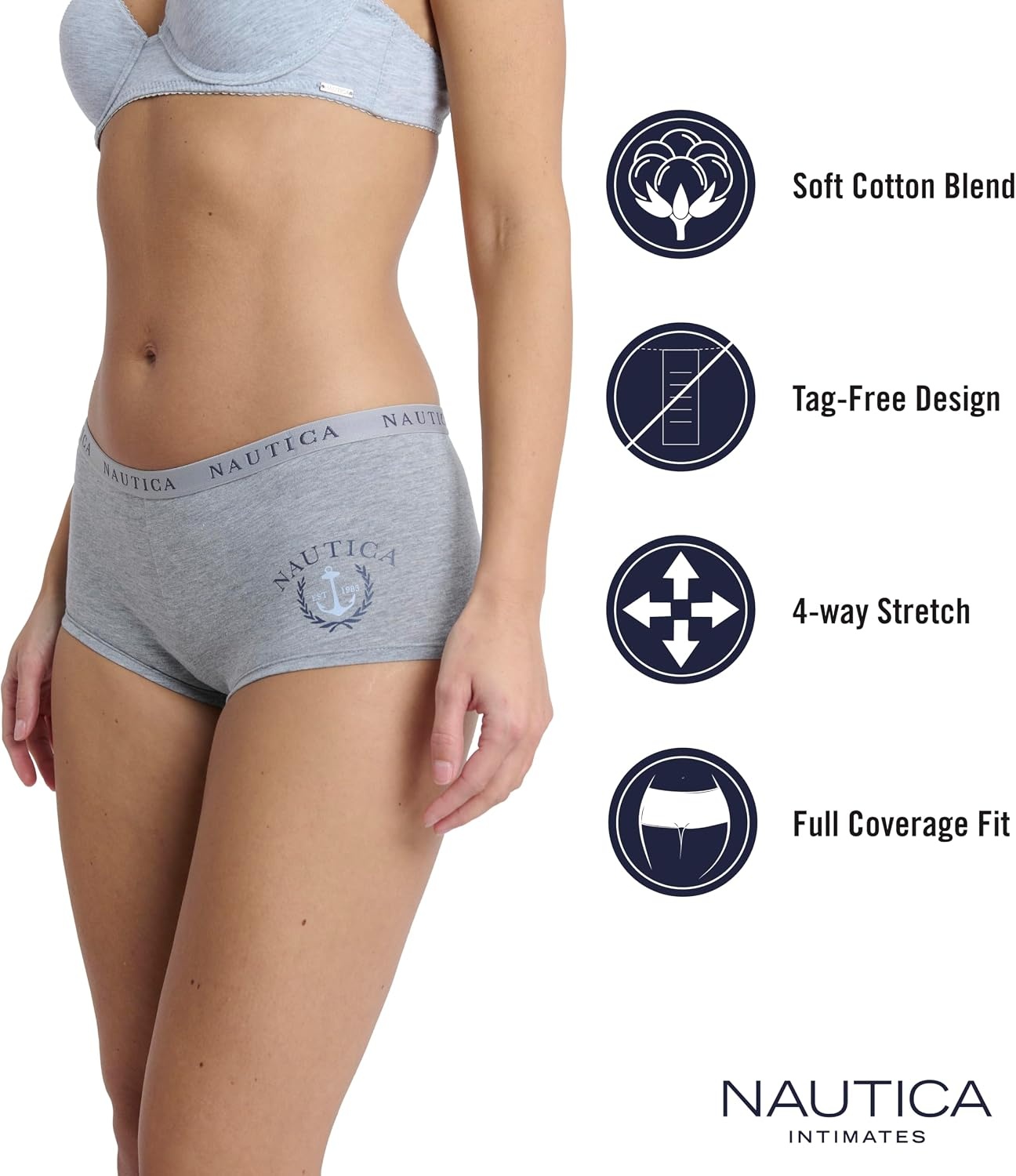 image:imageNautica Womens Cotton Boyshort Underwear Set 5PackMd Heather GreySand DollarSteel BlueXenon BlueNt Watercolor Boats