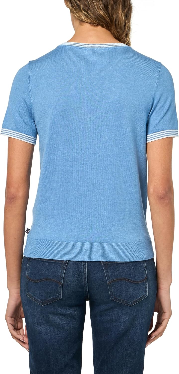 image:imageNautica Womens Crew Neck Solid Short Sleeve SweaterBlue Haze Ivory