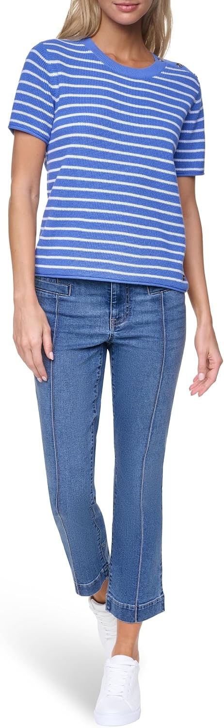 image:imageNautica Womens Crew Neck Solid Short Sleeve SweaterNew French BlueBright White